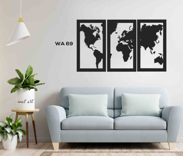 World map 3 pcs metal wall decor for living, hall and bedroom.mockup